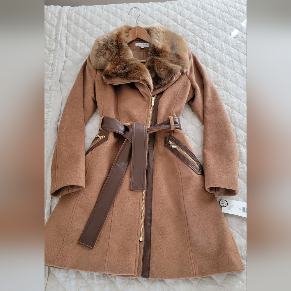 Faux fur collar asymmetrical wrap coat